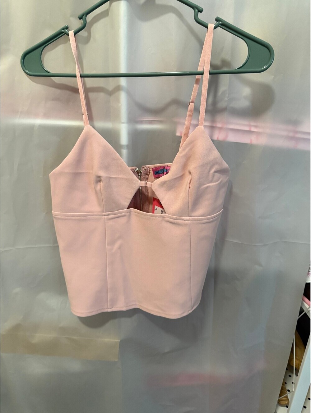 Edikted Pink Spaghetti Strap Crop Top with Front Cutout and Back Zipper, Size M